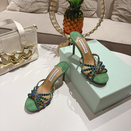 AQUAZZURA 26S HIGH-HEEL SANDALS 85 MM IN GREEN SUEDE