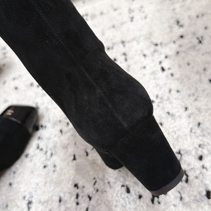 CHANEL 26S KNEE HIGH BOOTS 70 MM IN BLACK SUEDE AND PATENT
