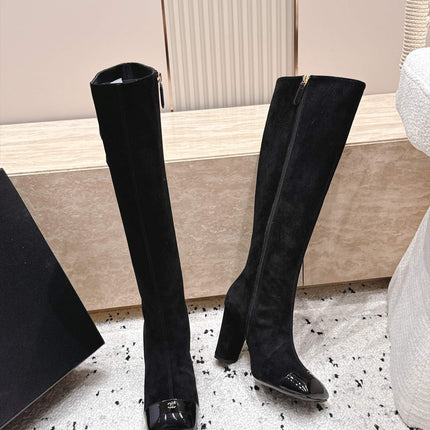CHANEL 26S KNEE HIGH BOOTS 90 MM IN BLACK SUEDE AND PATENT