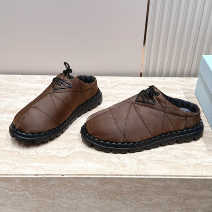 PRADA 26S QUILTED DRAWCORD MULE SHOES 30MM IN DARK BROWN NYLON