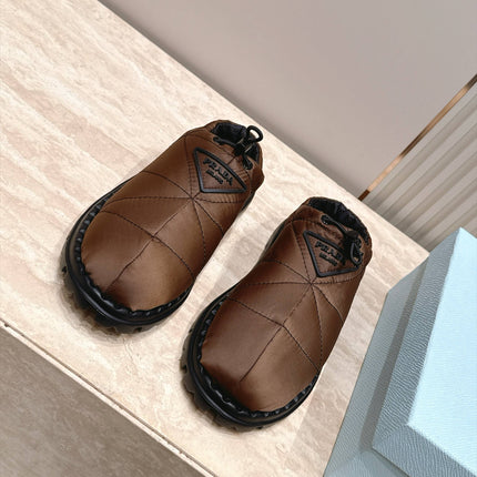 PRADA 26S QUILTED DRAWCORD MULE SHOES 30MM IN DARK BROWN NYLON
