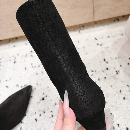 PRADA 26S POINTED TOE MID CALF BOOTS 30MM IN BLACK GRAINED CALFSKIN