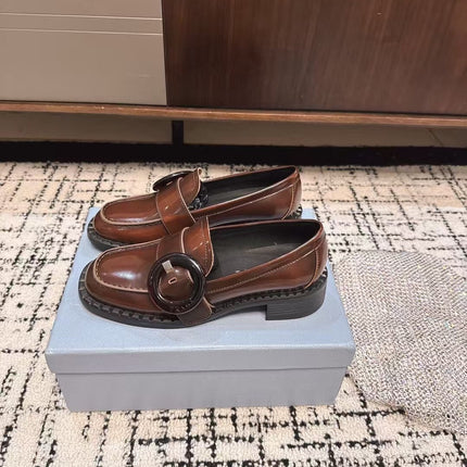 PRADA 26S BUCKLED LOAFERS IN DARK BROWN SHINY CALFSKIN