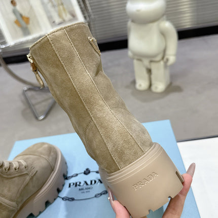 PRADA 25S WARRIOR BOOTS IN BEIGE SUEDE