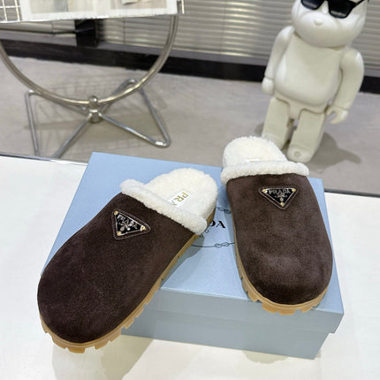 PRADA 25S FUR-LINED MULES IN DARK BROWN SUEDE