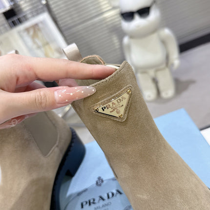 PRADA 25S RETRO PLATFORM MARTIN BOOTS IN BEIGE SUEDE