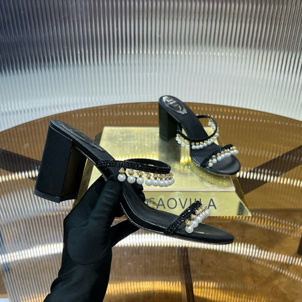 HIGH 95 MM BLOCK HEEL SANDAL IN BLACK GRAINY PEARLIZED LAMBSKIN