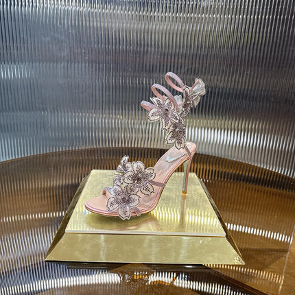 RENE CAOVILLA 26S FLORIANE HIGH HEELS 95 MM IN NUDE PINK LAMBSKIN FLOWER EMBELLISHED STRAP