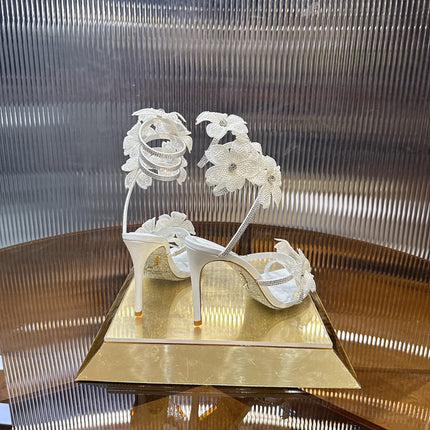 RENE CAOVILLA 26S FLORIANE HIGH HEELS 95 MM IN WHITE LAMBSKIN FLOWER EMBELLISHED STRAP