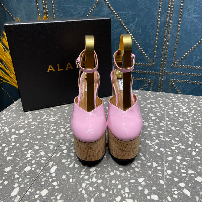 ALAIA WEDGE PUMP 15 CM IN NEON PINK LAMBSKIN AND BEIGE RUBBER