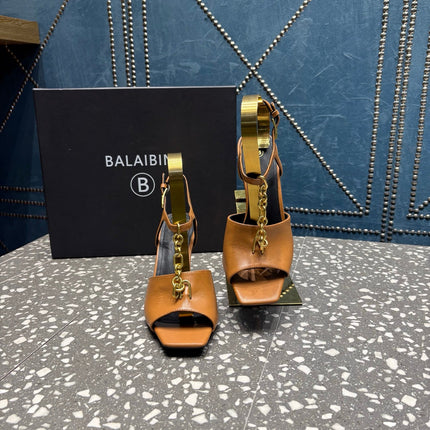 BALMAIN 26S HIGH-HEEL SANDALS 95 MM IN BROWN CALFSKIN