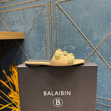 BALMAIN 26S SLIPPERS IN BEIGE CALFSKIN WITH GOLD HARDWARE