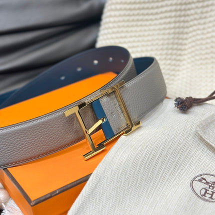 HM HADRIEN 38MM REVERSIBLE BELT GREY AND BLUE LEATHER GOLD BUCKLE