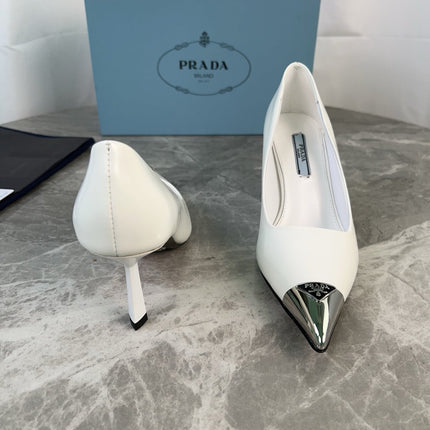 PRADA 25S METAL-CAPPED POINTED-TOE HIGH HEELS IN WHITE CALFSKIN