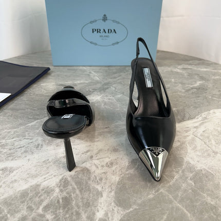 PRADA 25S METAL-TOE SLINGBACK PUMPS IN BLACK CALFSKIN