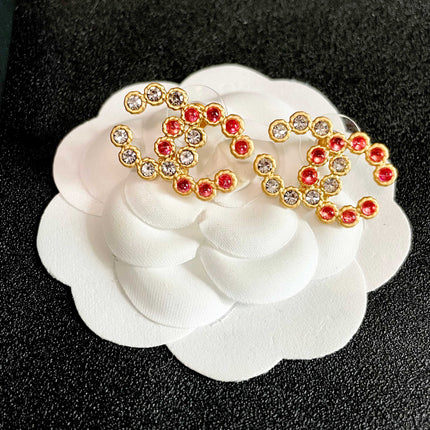 CHANEL 26S DOUBLE C LOGO MULTI CRYSTAL BEADED STUD EARRINGS IN GOLD METAL 633161
