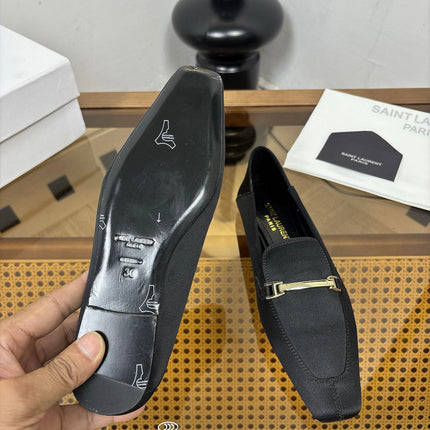 YSL 26S SQUARE-TOE LOAFERS IN BLACK SATIN WITH METAL BAR