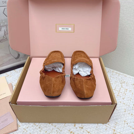 MIUMIU 25S NAPPA LOAFERS IN CARAMEL BROWN SUEDE
