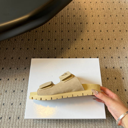 PRADA 26S DOUBLE STRAP SLIDES 35MM IN BEIGE SUEDE