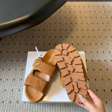 PRADA 26S DOUBLE STRAP SLIDES 35MM IN CARAMEL BROWN SUEDE