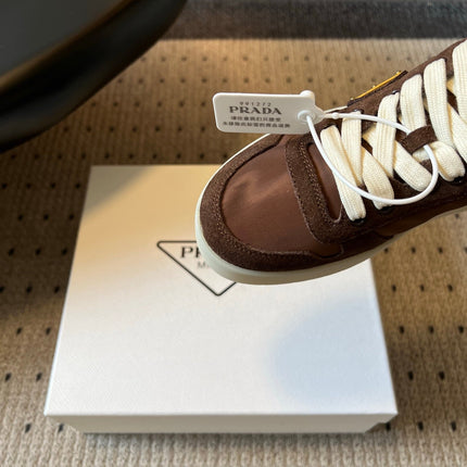 PRADA 26S PLATFORM SNEAKERS IN DARK BROWN FABRIC MIX SUEDE