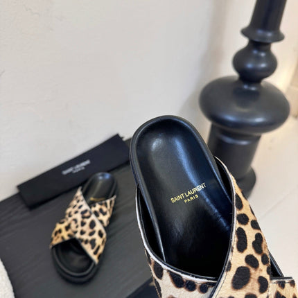 YSL 26S CROSS-STRAP SANDALS IN LEOPARD PRINT CALFSKIN HAIR