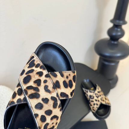 YSL 26S CROSS-STRAP SANDALS IN LEOPARD PRINT CALFSKIN HAIR