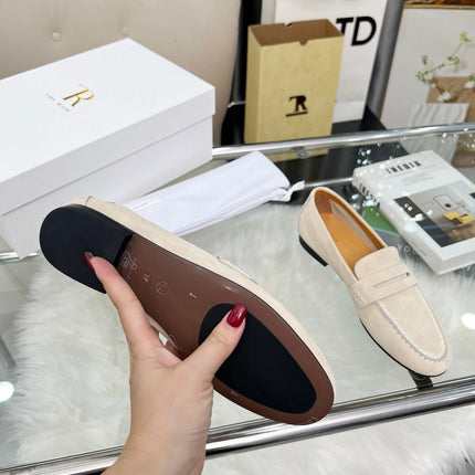 THE ROW 26S PENNY LOAFERS IN LIGHT BEIGE SUEDE