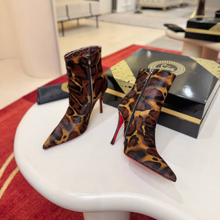 CHRISTIAN LOUBOUTIN 26S ANKLE BOOTS 100 MM IN LEOPARD PRINT LEATHER WITH PONY HAIR