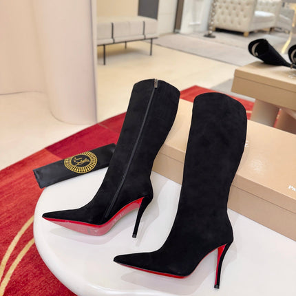 CHRISTIAN LOUBOUTIN 26S KNEE HIGH BOOTS 100 MM IN BLACK SUEDE