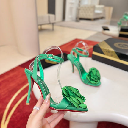 CHRISTIAN LOUBOUTIN 26S FLOWER-EMBELLISHED SANDALS 100 MM IN GREEN SATIN
