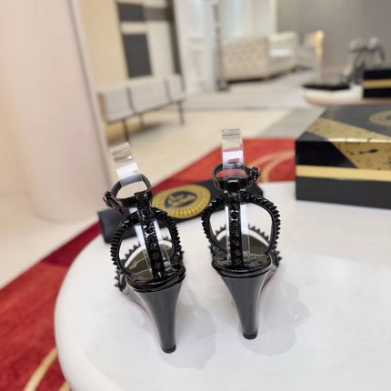 CHRISTIAN LOUBOUTIN 26S STUDDED WEDGE SANDALS 85 MM IN BLACK CALFSKIN