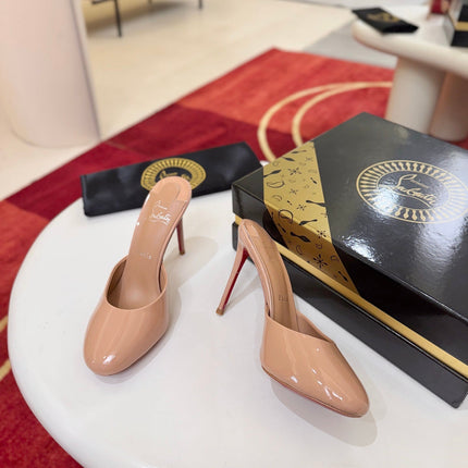 CHRISTIAN LOUBOUTIN 26S HEEL MULES 100 MM IN NUDE GLOSSY CALFSKIN