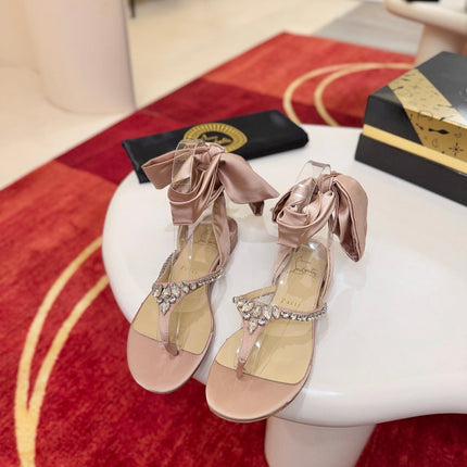 CHRISTIAN LOUBOUTIN 26S THONG SANDALS IN BEIGE SATIN WITH CRYSTALS