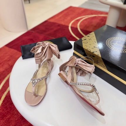 CHRISTIAN LOUBOUTIN 26S THONG SANDALS IN BEIGE SATIN WITH CRYSTALS
