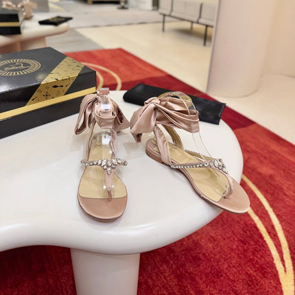CHRISTIAN LOUBOUTIN 26S THONG SANDALS IN BEIGE SATIN WITH CRYSTALS