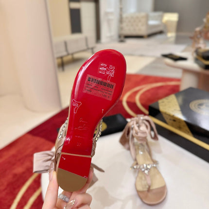 CHRISTIAN LOUBOUTIN 26S THONG SANDALS IN BEIGE SATIN WITH CRYSTALS