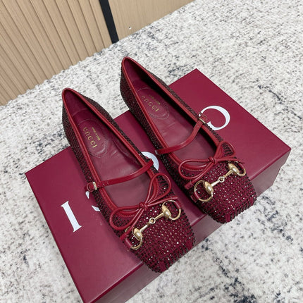 GUCCI 26S BALLET FLATS IN RED WITH CRYSTALS