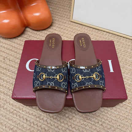 GUCCI 26S SLIDE SANDAL IN DARK BLUE DENIM AND BROWN LEATHER