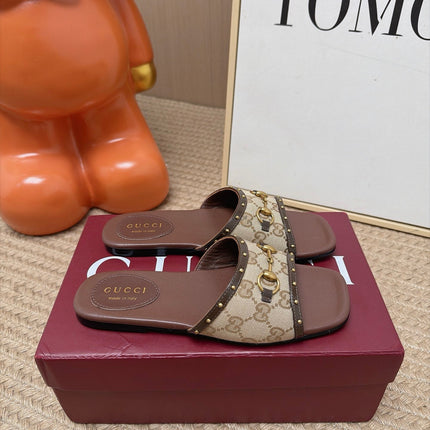 GUCCI 26S SLIDE SANDAL IN BEIGE CANVAS AND BROWN LEATHER