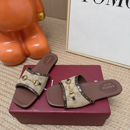 GUCCI 26S SLIDE SANDAL IN BEIGE CANVAS AND BROWN LEATHER