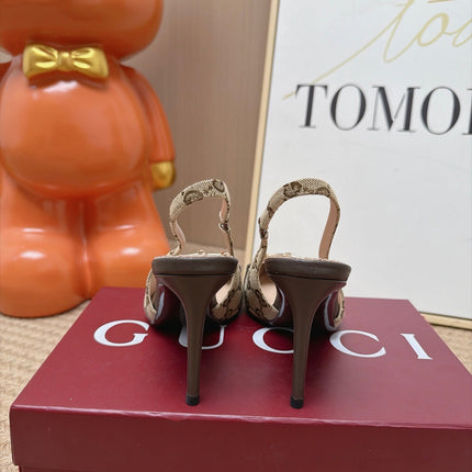 GUCCI 26S SLINGBACK HEELS 105 MM IN BEIGE CANVAS MIX BROWN LAMBSKIN
