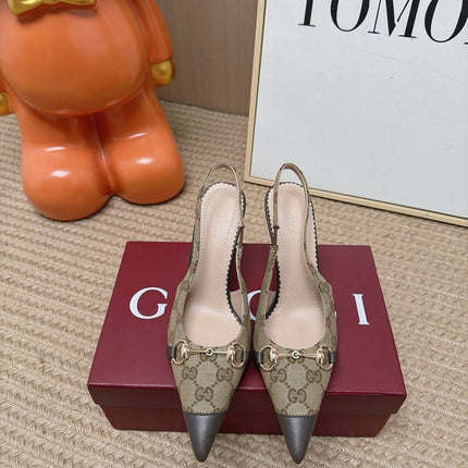 GUCCI 26S SLINGBACK HEELS 105 MM IN BEIGE CANVAS MIX BROWN LAMBSKIN