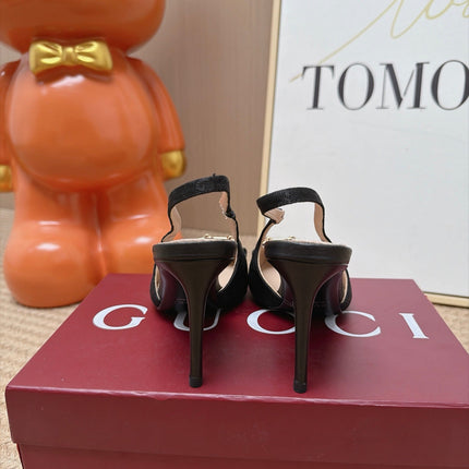 GUCCI 26S SLINGBACK HEELS 105 MM IN BLACK CANVAS MIX LAMBSKIN