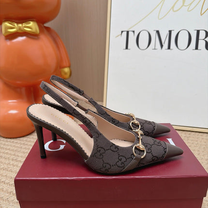 GUCCI 26S SLINGBACK HEELS 105 MM IN DARK BROWN CANVAS MIX LAMBSKIN