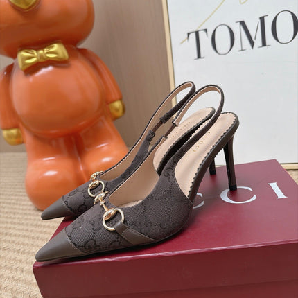 GUCCI 26S SLINGBACK HEELS 105 MM IN DARK BROWN CANVAS MIX LAMBSKIN
