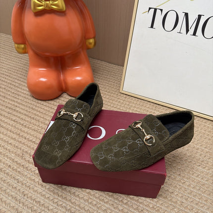 GUCCI 26S LOAFERS IN OLIVE GREEN GG EMBOSSED SUEDE