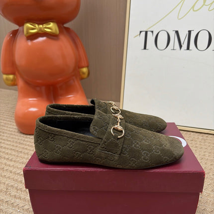 GUCCI 26S LOAFERS IN OLIVE GREEN GG EMBOSSED SUEDE
