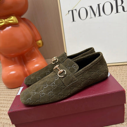 GUCCI 26S LOAFERS IN OLIVE GREEN GG EMBOSSED SUEDE