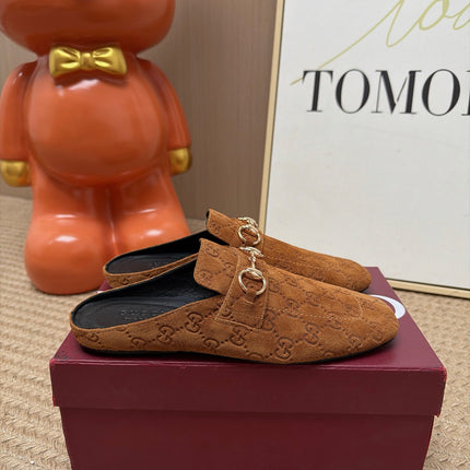 GUCCI 26S FLAT MULES IN BROWN GG EMBOSSED SUEDE